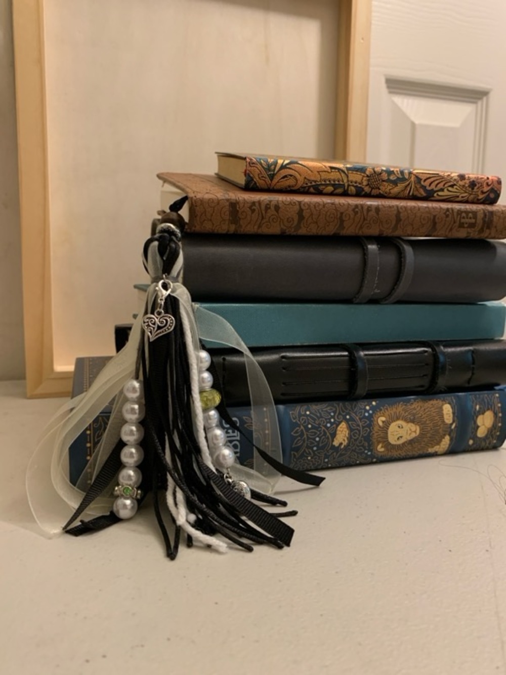 Black and Cream Tassel Charm Bookmark/Keychain with Pearl Accents